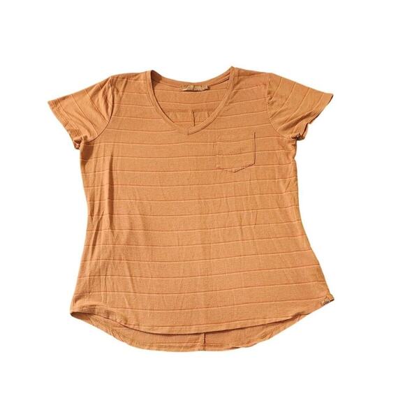 prAna Womens Large Orange Striped V-Neck T-Shirt With Pocket - Picture 1 of 9